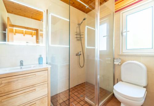 a bathroom with a shower and a toilet and a sink at room in Casa VERANEAR in Aljezur