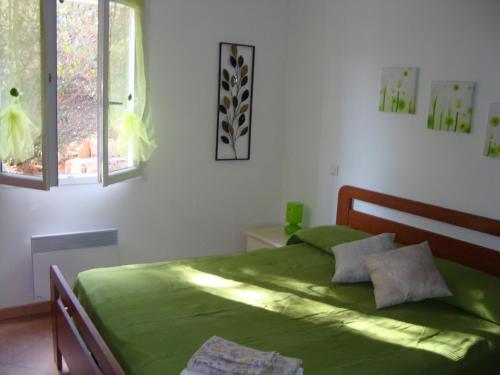 - une chambre avec un lit vert et 2 fenêtres dans l'établissement Villa individuelle avec jardin, à Sartène