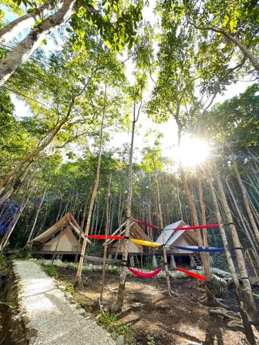 a cabin in the woods with a hammock and trees at Lainkalogos Glamping in Rabia