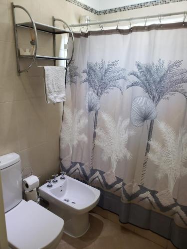 a bathroom with a white toilet and a shower curtain at Comfortable Apartamento Semi Piso in Buenos Aires