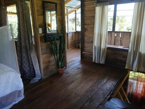 una camera con un letto e un vaso con una pianta di su cabaña Río Celeste a Rio Celeste