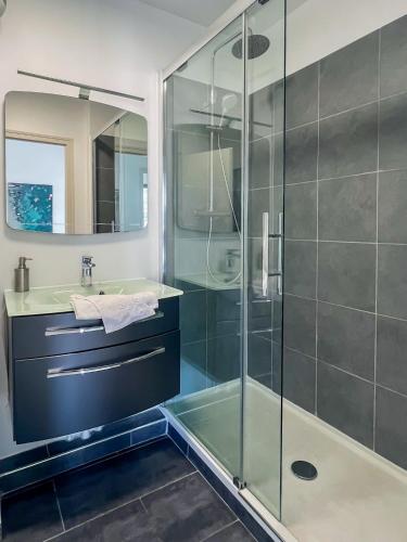 une salle de bain avec une douche en verre et un lavabo dans l'établissement Mont Royal - piscine - balcon vue imprenable sur les montagnes, à Annecy