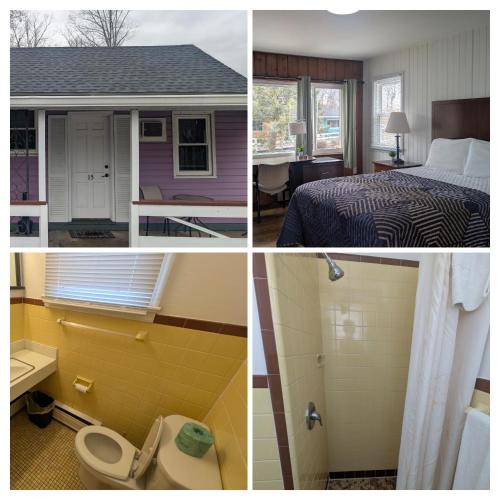 a collage of four pictures of a hotel room at New Hope Lodge in New Hope