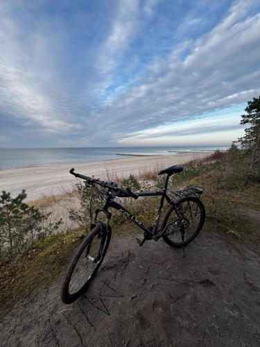 a bike parked on a sandy beach near the ocean at ahoj PRZYLESIE in Pobierowo