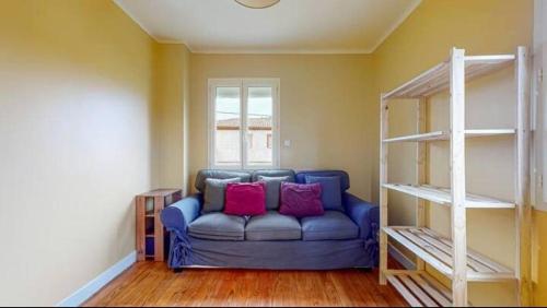 a living room with a blue couch with two pink pillows at Light T 3 air conditioning Two balconies Toulouse in Toulouse