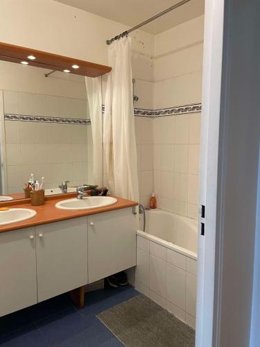 une salle de bain avec deux lavabos, une baignoire et un miroir dans l'établissement Spacious and bright apartment - Canal St-Martin, à Paris