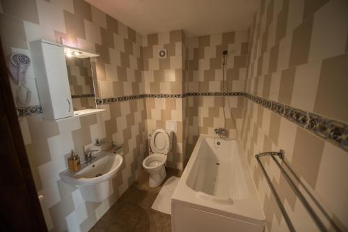 a bathroom with a sink and a toilet and a tub at Hanul Moara cu Noroc in Ineu