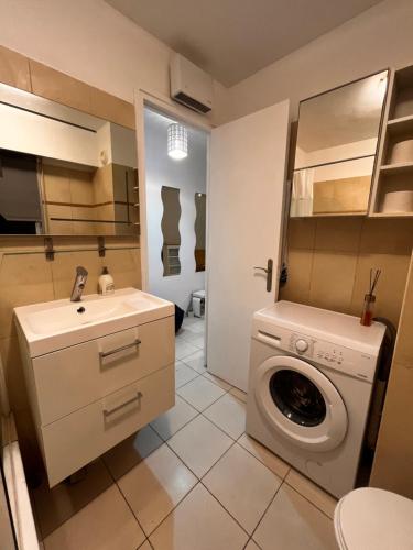 une salle de bain avec une machine à laver et un lavabo dans l'établissement Large Studio in Cannes near la Croisette and beach, à Cannes