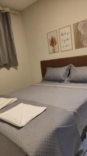 two twin beds in a bedroom with two posters on the wall at Harmonioso Ap Sete lagoas in Sete Lagoas