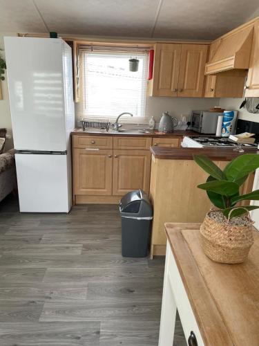 a kitchen with wooden cabinets and a white refrigerator at Meadow & Tide in Saint Merryn