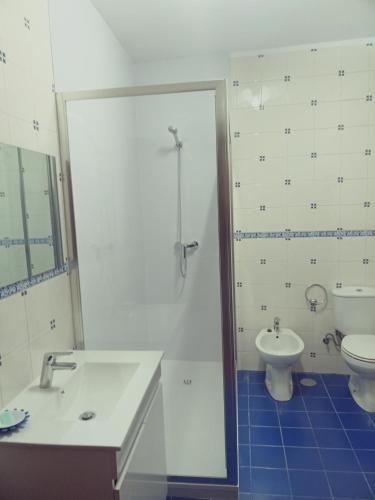 a bathroom with a shower and a sink and a toilet at Casa da Calçada in Arcos de Valdevez