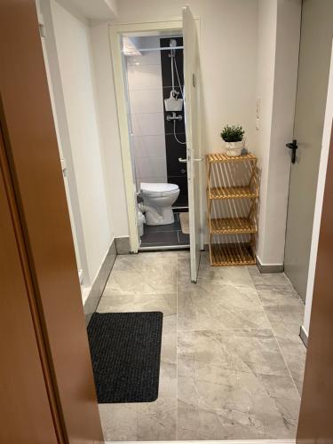 a bathroom with a toilet and a door open at Ferienwohnung in Kuppenheim für 1 bis 2 Personen in Kuppenheim