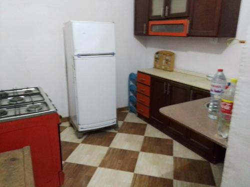 a kitchen with a white refrigerator and a stove at One Love Guesthouse & Restaurant in Luxor