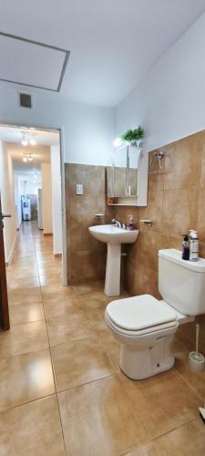 a bathroom with a toilet and a sink at Flores del Alma PSC in Puerto Santa Cruz