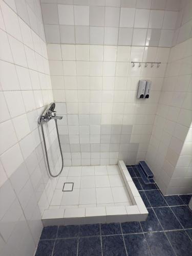 a bathroom with a shower with white tiles at Paloma in Athens