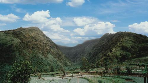 a view of a mountain range with trees and a road at The Sikarim Waterfall View Villa in Kejajar