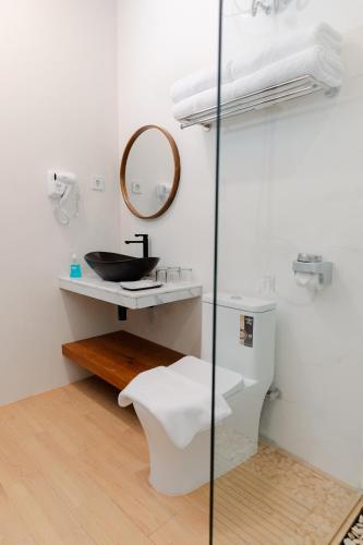 a bathroom with a sink and a toilet and a mirror at The Sikarim Waterfall View Villa in Kejajar