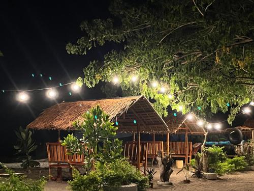 a pavilion with lights under a tree at night at Boochee Beach in Tampi