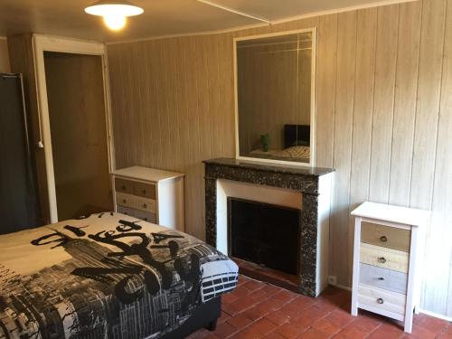- une chambre avec un lit, une cheminée et un miroir dans l'établissement Chez Pierre, à LʼIsle-sur-Serein