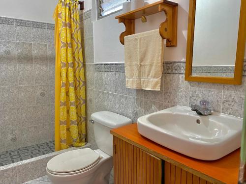 a bathroom with a sink and a toilet and a mirror at Hotel Minnesota y Centro de Eventos Molina in San Lucas Tolimán