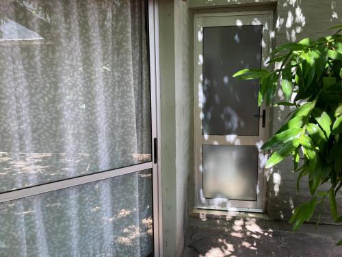 a door with a window with a cat sitting next to it at Monoambiente 4 blocks away from the beach! in Paysandú