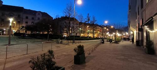 a city street at night with lights and buildings at 2 bedrooms and 1 living room Your modern home in Budapest in Budapest