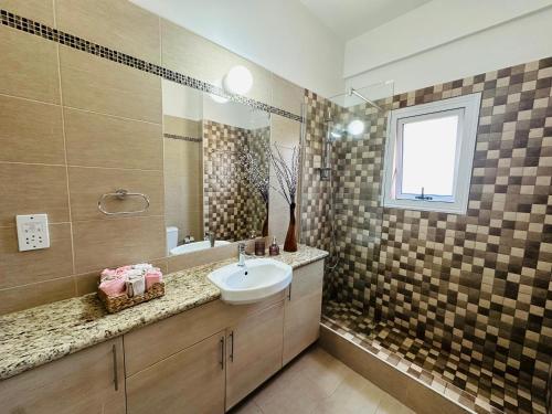 a bathroom with a sink and a mirror at Villa strelitzia in Lachi