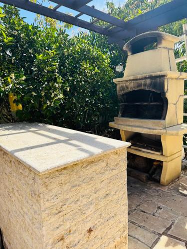 a stone outdoor oven in a yard with bushes at Villa strelitzia in Lachi