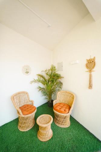 three wicker chairs and a plant in a room at Voyage Zo Lonavala in Lonavala