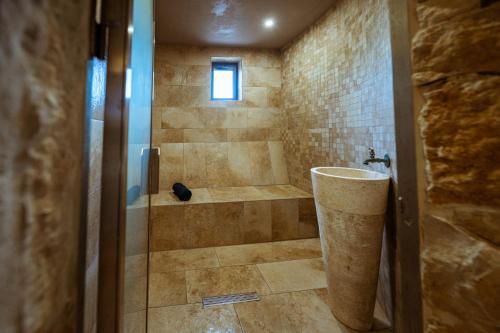 a bathroom with a shower and a glass door at Mulberries in Żabbar