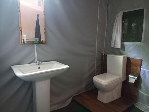 a bathroom with a sink and a toilet at coconut camp udawalawe in Dematapelessa