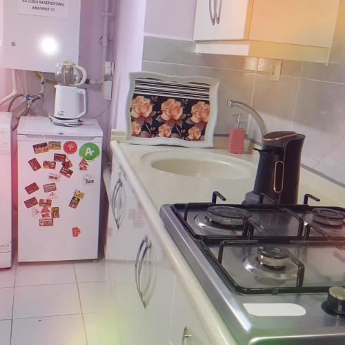 a kitchen with a stove and a sink and a refrigerator at Samlife Apart in Samsun