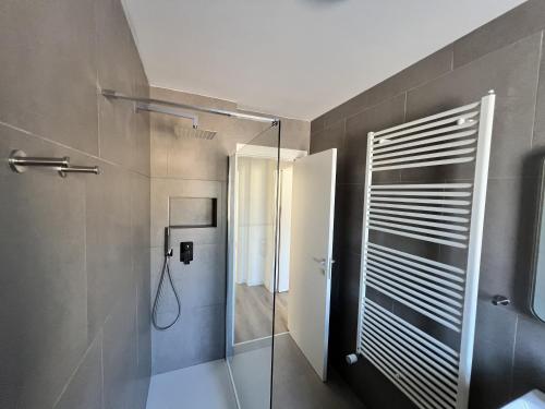 a bathroom with a shower and a glass door at MARY Apartment in Tarvisio