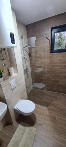 Un baño con ducha, inodoro y lavabo. en Stars Apartman Jahorina, en Jahorina