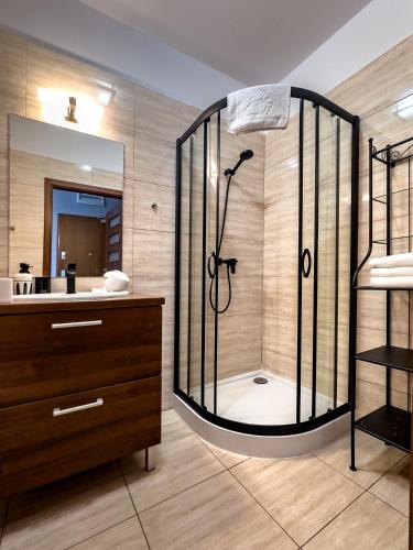 a bathroom with a shower and a sink at Villa 4 Pory Roku in Jastrzębia Góra