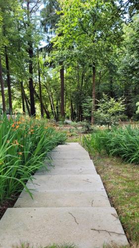 a stone path in a park with trees and flowers at Une pause à la campagne Classé 2 étoiles in Saint-Urbain