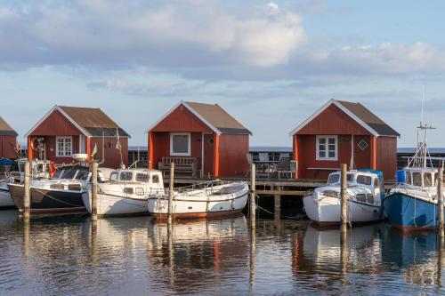 a group of boats docked at a dock with houses at Rødvig Kro og Badehotel in Rødvig