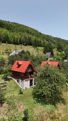 a house with a red roof on a hill at FERN FARM ECO RESORT in Mojkovac