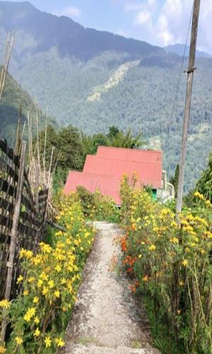 a dirt road with flowers on the side of a mountain at Yangzon Homestay By StayApart in Simāna Basti