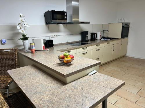 a kitchen with a bowl of fruit on a counter at Ferienwohnung Oleander in Dresden