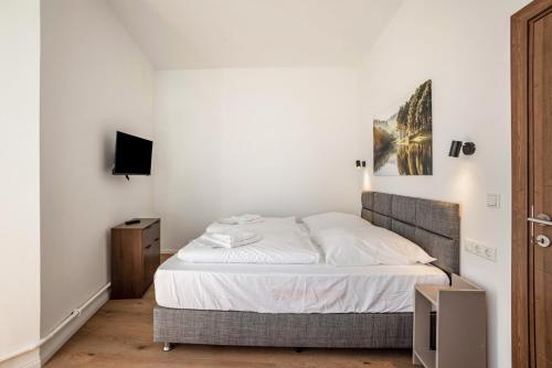 a bedroom with a bed and a television in it at Altstadt Residenz in Lübeck