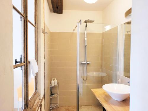 une salle de bain avec douche et lavabo dans l'établissement Cottage familial, grand jardin, toboggan, barbecue, à Beurizot