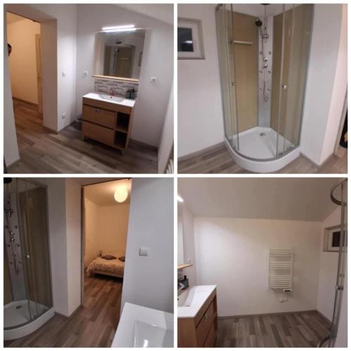 four pictures of a bathroom with a sink and a mirror at Maison de ville in Lorris