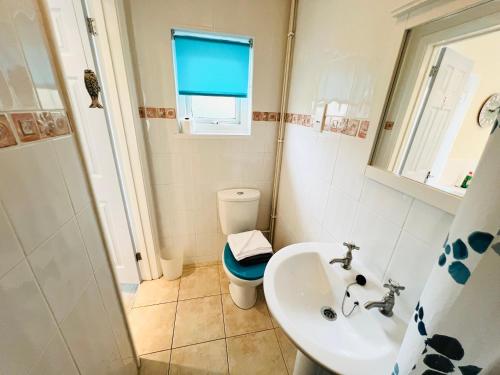 a bathroom with a toilet and a sink at 2 Bedroom Bungalow SV58, Seaview, Isle of Wight Free Wi-Fi in Seaview