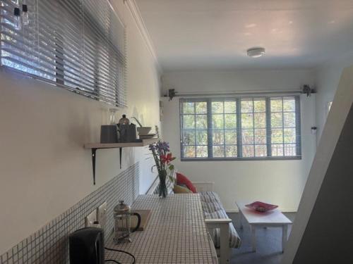 pasillo con mesa y 2 ventanas en una habitación en Hillside Tiny House, en Knysna