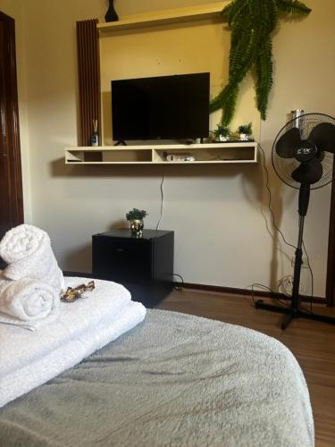 a bedroom with a bed with a tv on the wall at ALAMEDA iNN in Poços de Caldas