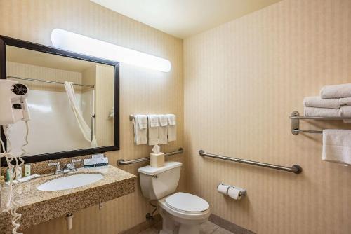 a bathroom with a toilet and a sink and a mirror at Quality Inn & Suites Hannibal West in Hannibal
