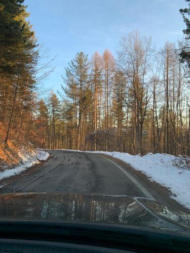 a road with snow and trees on the side at La casa nel bosco in Brallo di Pregola