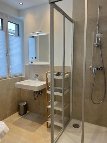 a bathroom with a sink and a shower at Stubnerkogel Apartments in Bad Gastein