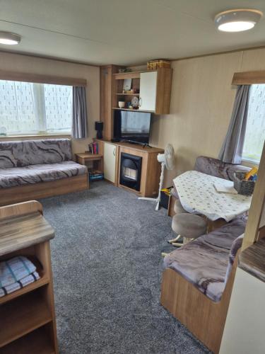 ein Wohnzimmer mit Sofa und Tisch in der Unterkunft Woods caravan in Ingoldmells